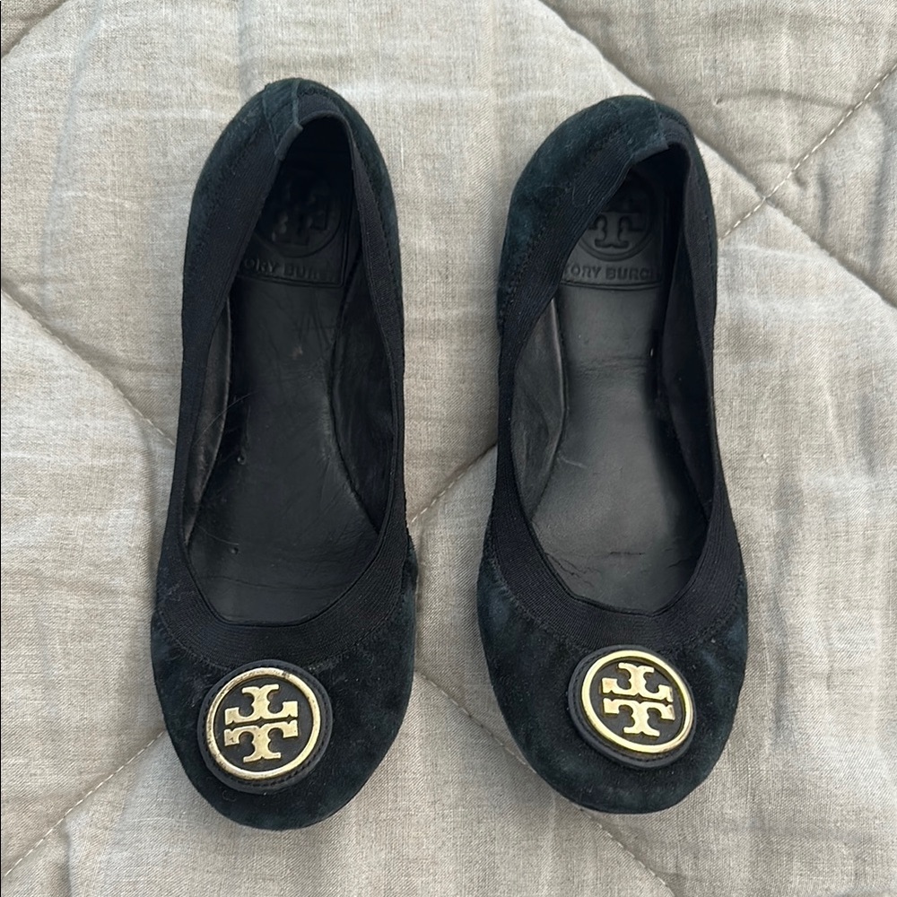 Tory Burch Black Leather Flats with Gold Logo